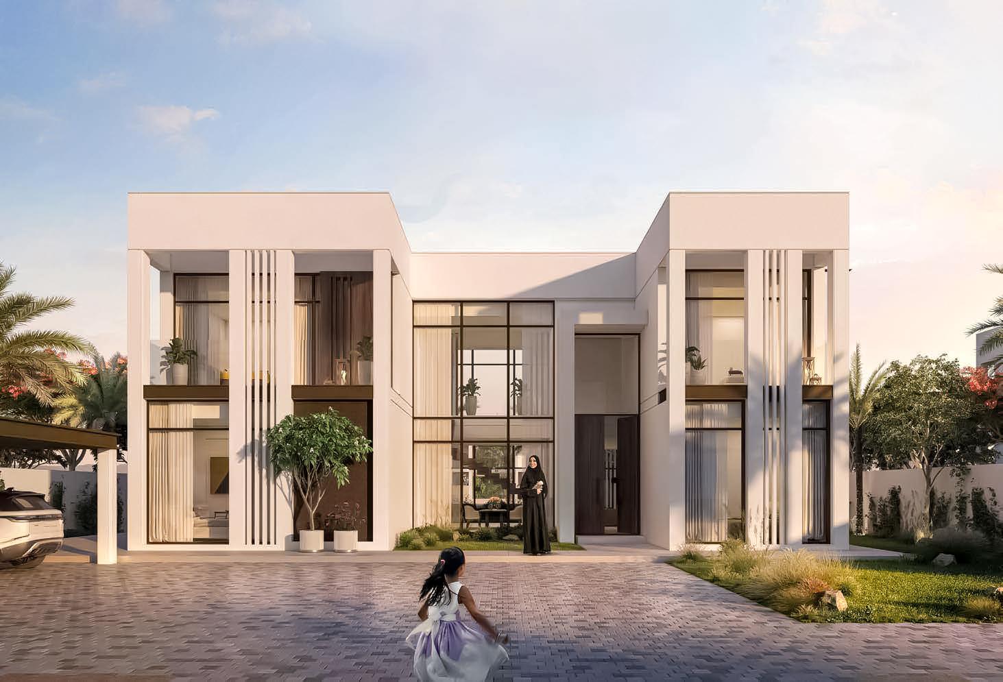 Front view of Jubail Island Villas in Abu Dhabi highlighting luxury villa architecture and landscaped gardens